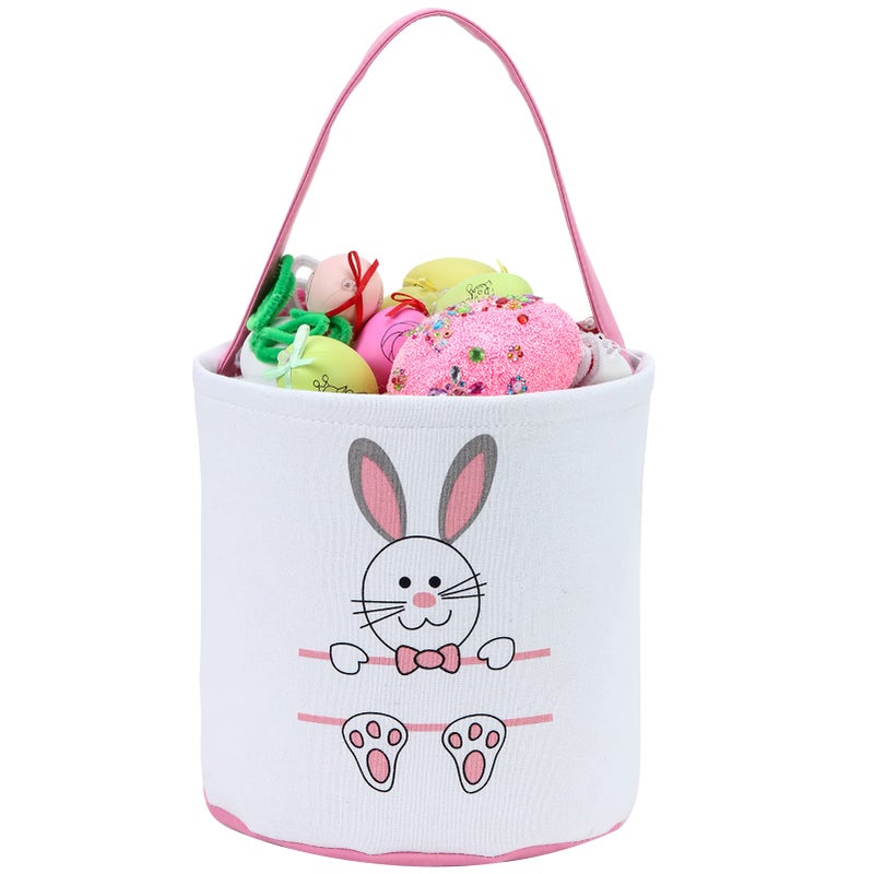 XinblueCo Easter Bunny Basket Egg Bags for Kids,Canvas Cotton Personalized Candy Egg Basket Rabbit Print Buckets with Fluffy Tail Gifts Bags for Easterâ€¦â€¦ - Image 1